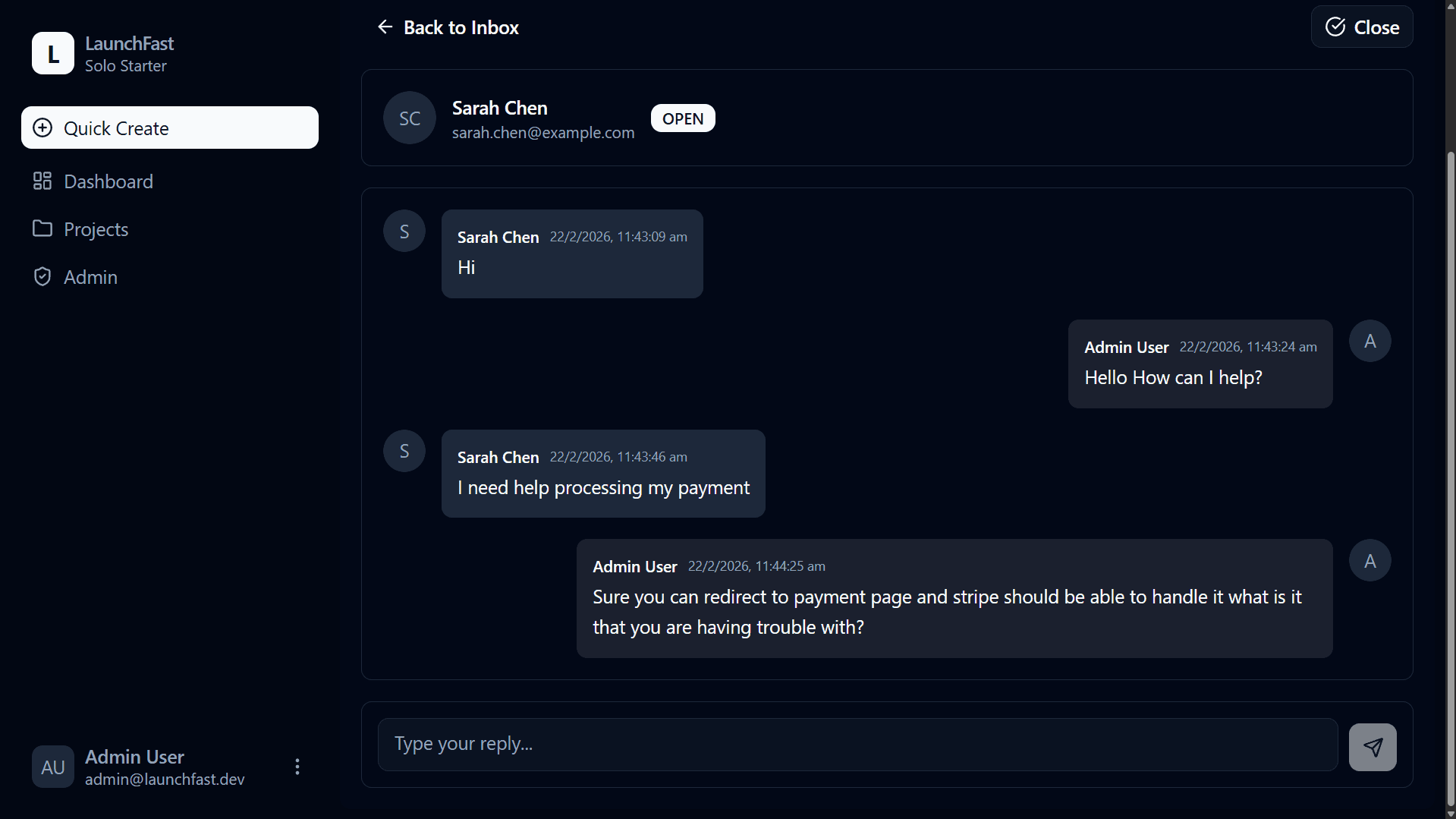 Support Chat — Admin Inbox