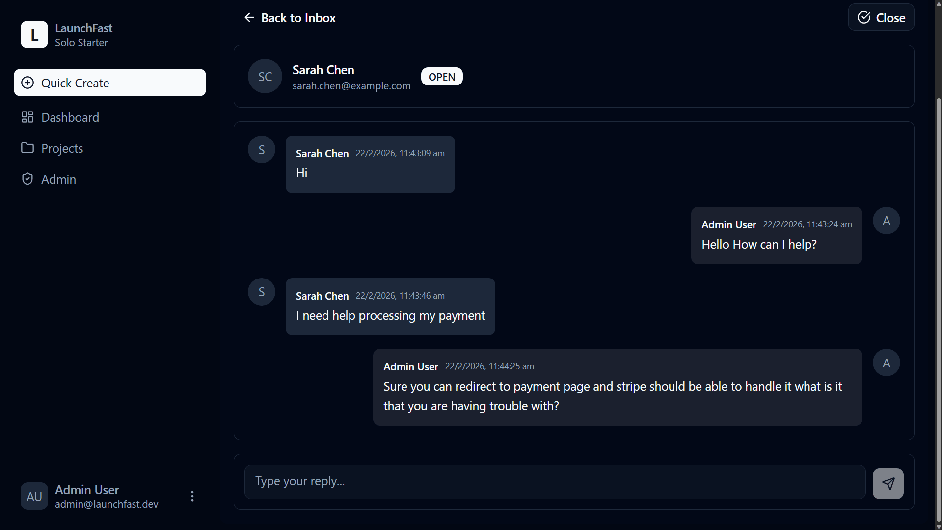 Support Chat — Admin Inbox