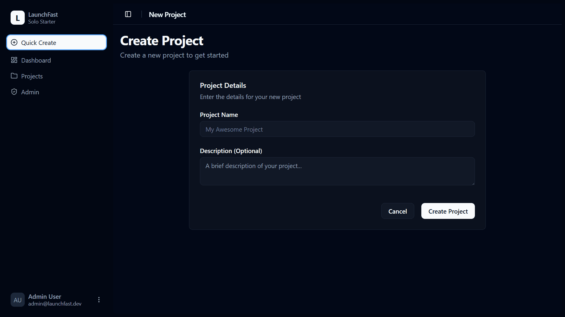 Dashboard — Projects CRUD