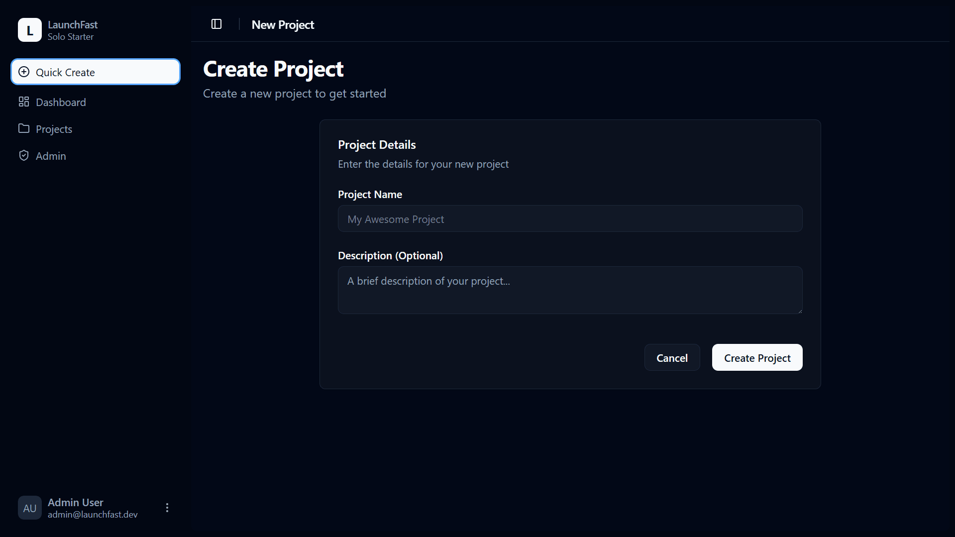 Dashboard — Projects CRUD